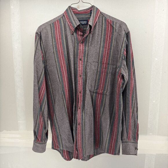 Vintage Lands End Oxford 15.5 M Button Up Green Red Herringbone Stripe Made USA - Picture 1 of 4